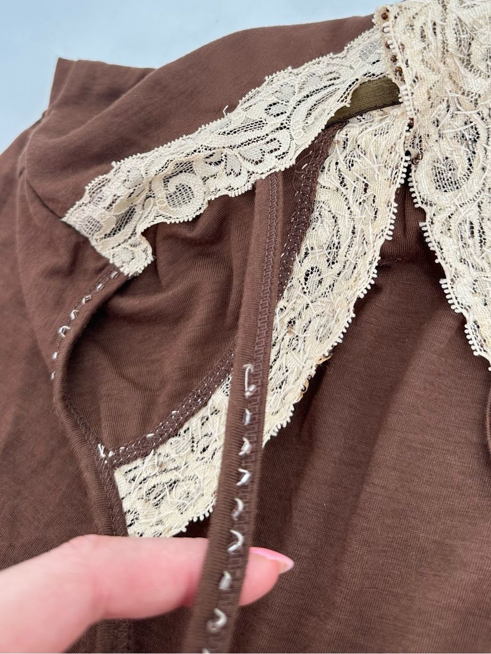 Y2K Brown Beaded Lace Trim Cami Tank Top Womens Small Boho Cottagecore - Picture 6 of 10